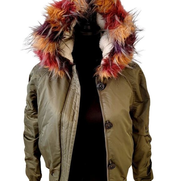 Pink platinum Bomber Jacket Army Green Faux Fur Hood Size Small Junior - Picture 7 of 15